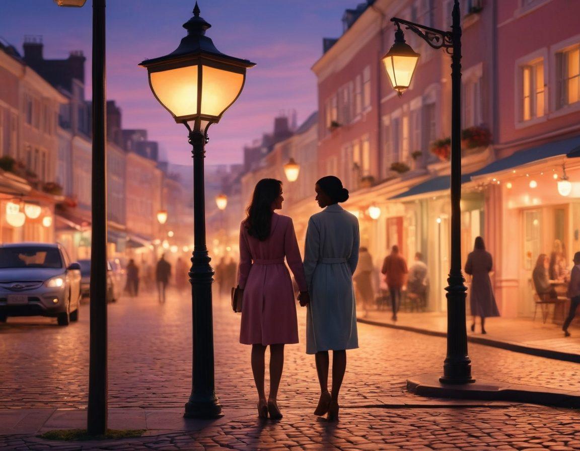 A warm and romantic scene depicting a couple holding hands under a glowing streetlamp, surrounded by heart-shaped icons representing love and insurance. In the background, soft silhouettes of supportive friends and family members, symbolizing relationship support. The atmosphere should evoke comfort and security, with pastel colors adding a gentle touch. super-realistic. vibrant colors.