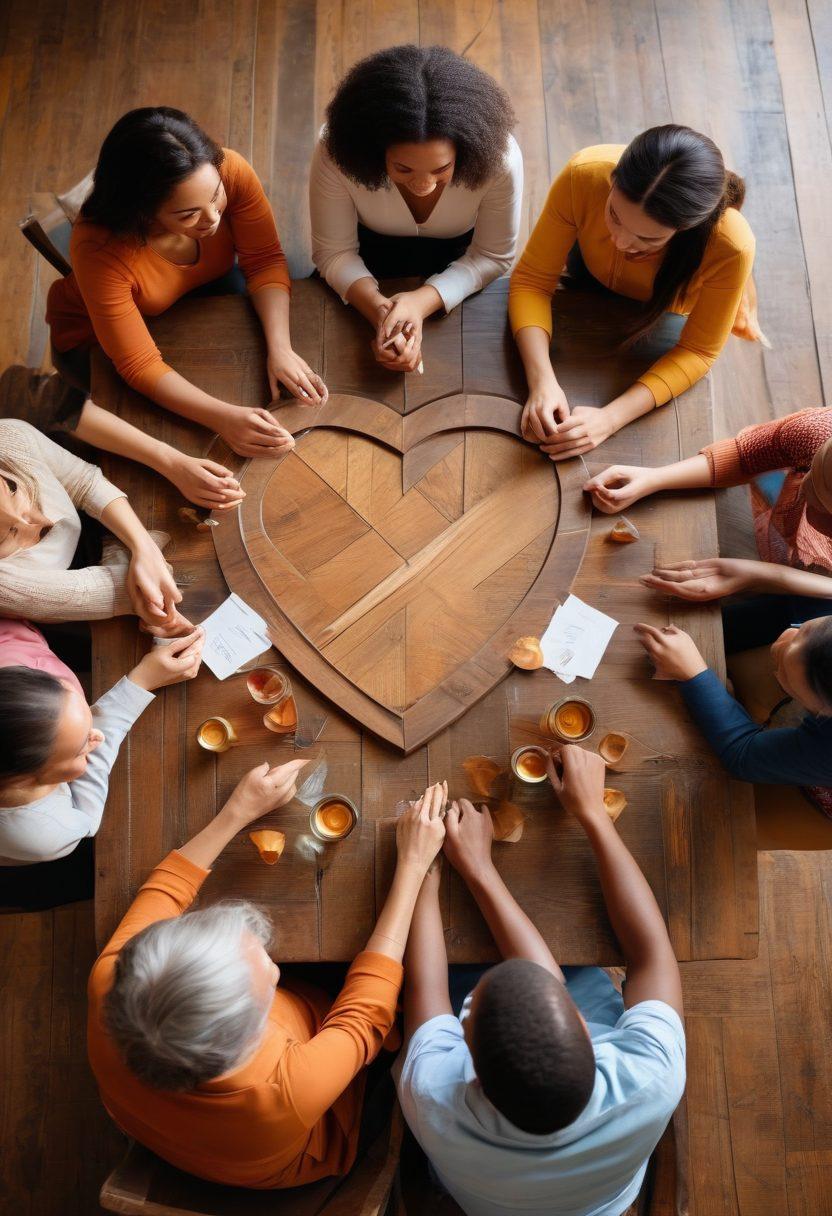 Illustrate a diverse group of people sitting around a table, sharing heartwarming stories, with visual metaphors like insurance papers and emotional support symbols floating around them. Capture warm, inviting colors to evoke a sense of comfort and connection. Include elements like a heart intertwined with a shield, symbolizing love insurance and emotional backing. cozy, supportive atmosphere. super-realistic. vibrant colors.