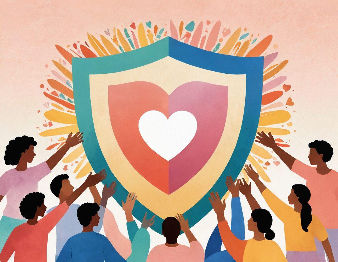 A heart-shaped shield symbolizing protection, surrounded by diverse friends holding hands, smiling and sharing joyful moments. In the background, soft pastel colors create a warm, inviting atmosphere, with subtle icons of insurance elements like a policy document and a house symbol. The focus is on unity and safety in relationships. painting. vibrant colors. soft focus.
